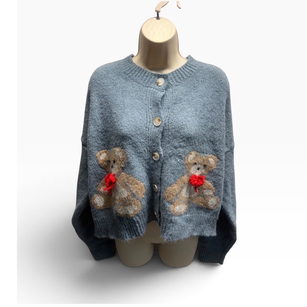 Anthropologie Luna Ivy Women's Blue Teddy Bear Intarsia Cardigan Sweater Bows